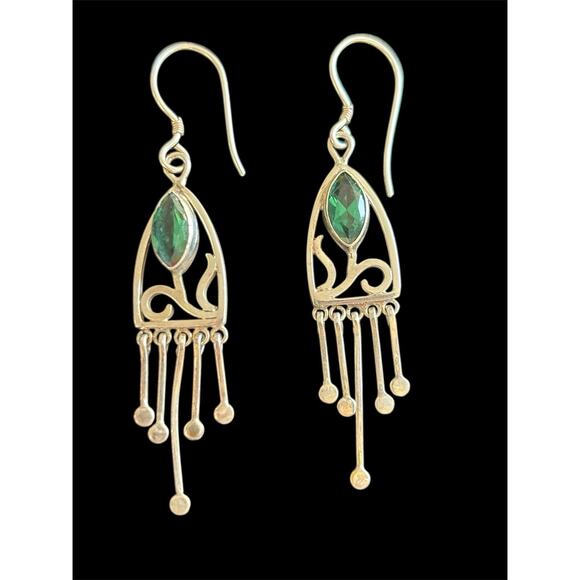 Sterling Silver Green Art Glass Stone Dangle Statement Earrings 925 - Picture 1 of 4
